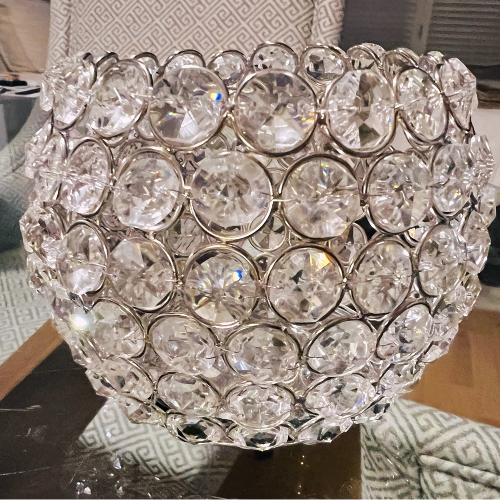 New Clear Crystal Candle Holder or bathroom makeup holder 5” around Silver